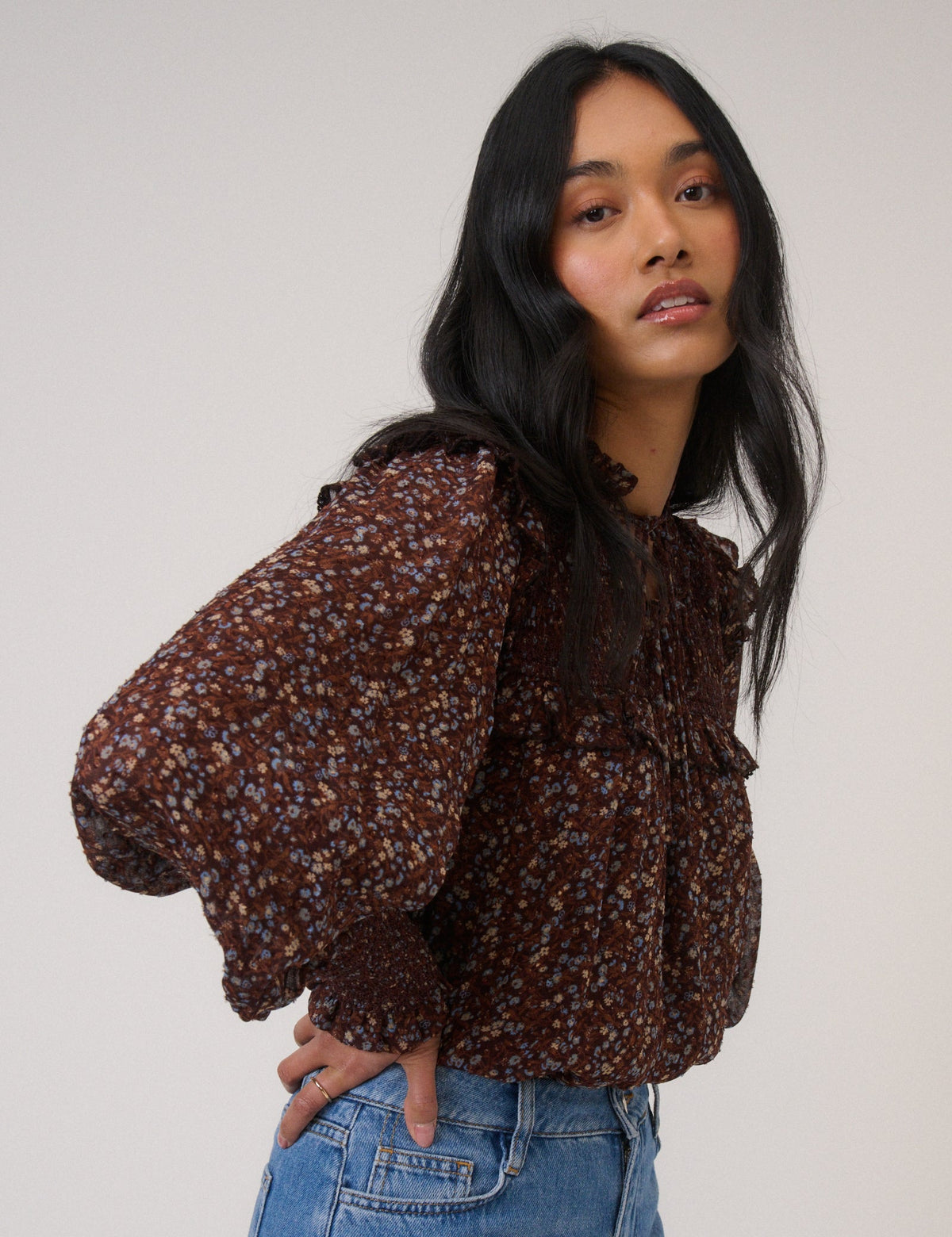 Brown Ditsy Floral Blouson Sleeve Blouse
