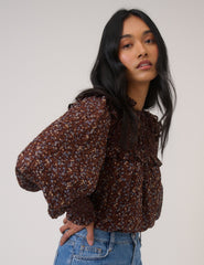 Brown Ditsy Floral Blouson Sleeve Blouse