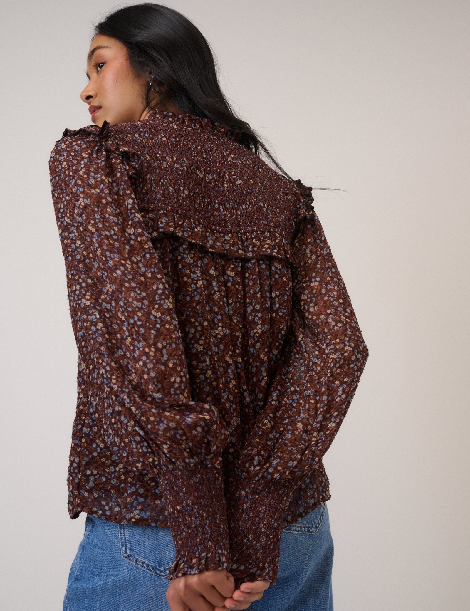 Brown Ditsy Floral Blouson Sleeve Blouse