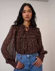 Brown Ditsy Floral Blouson Sleeve Blouse
