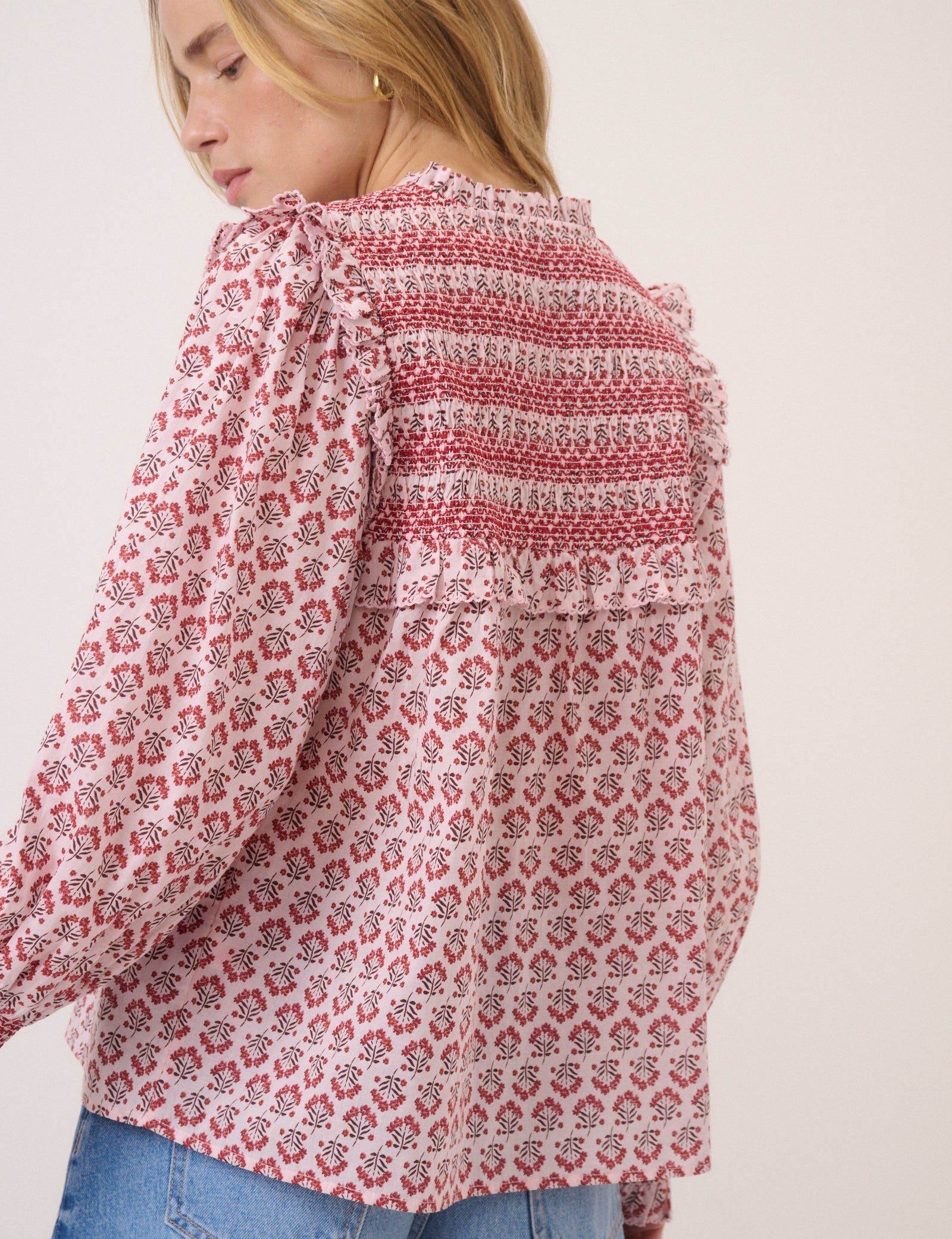Pink Ditsy Floral Blouson Sleeve Blouse