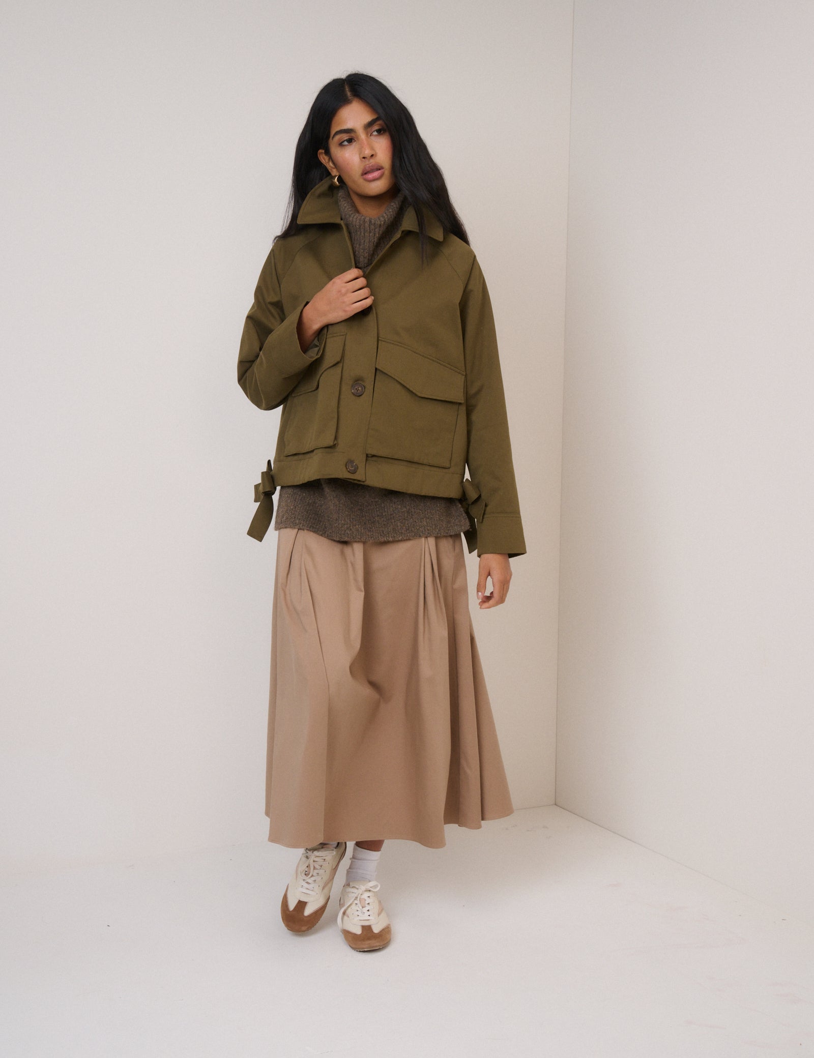 Beige Pleated Midi Skirt
