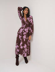 Brown And Pink Floral Luna Midi Dress