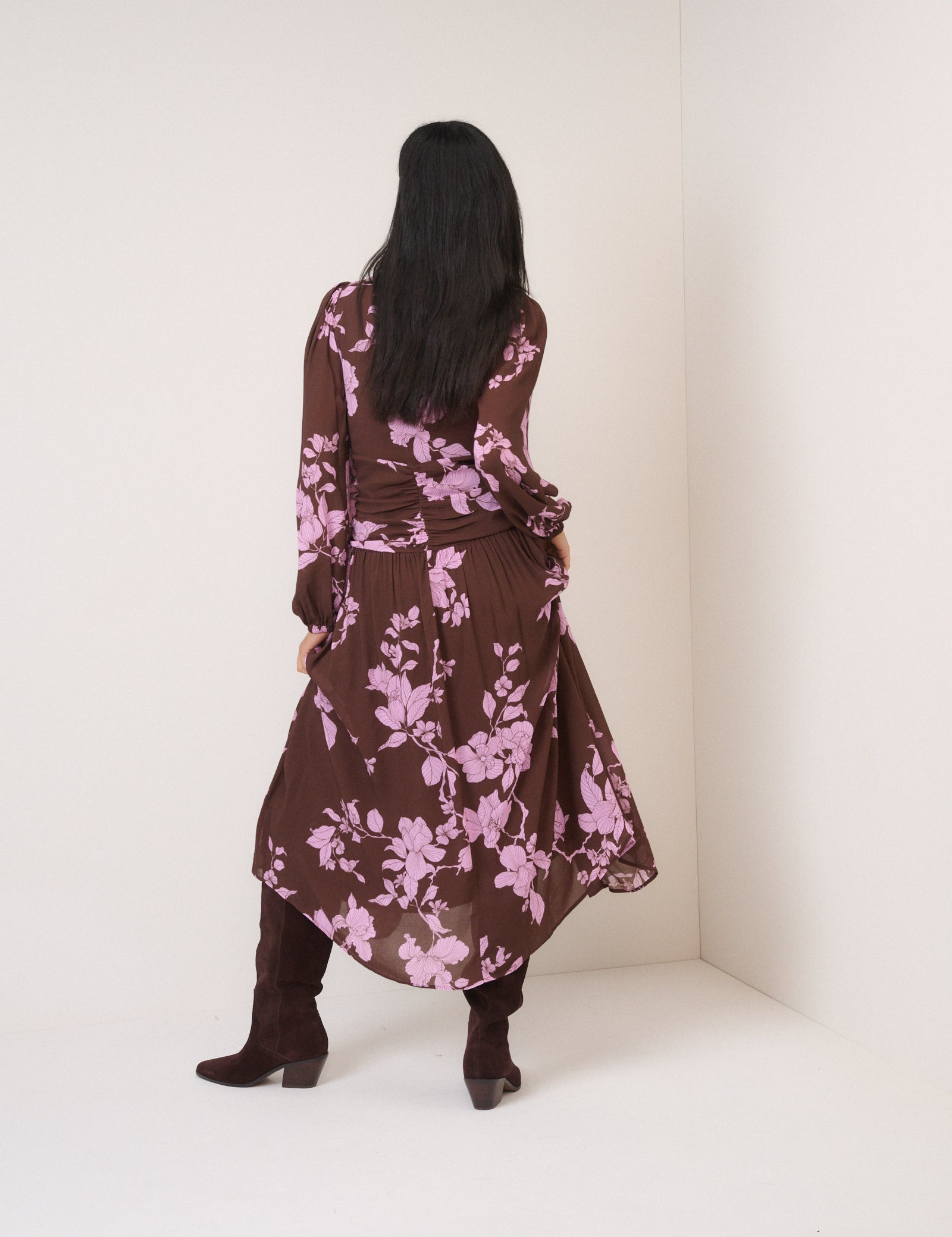 Brown And Pink Floral Luna Midi Dress