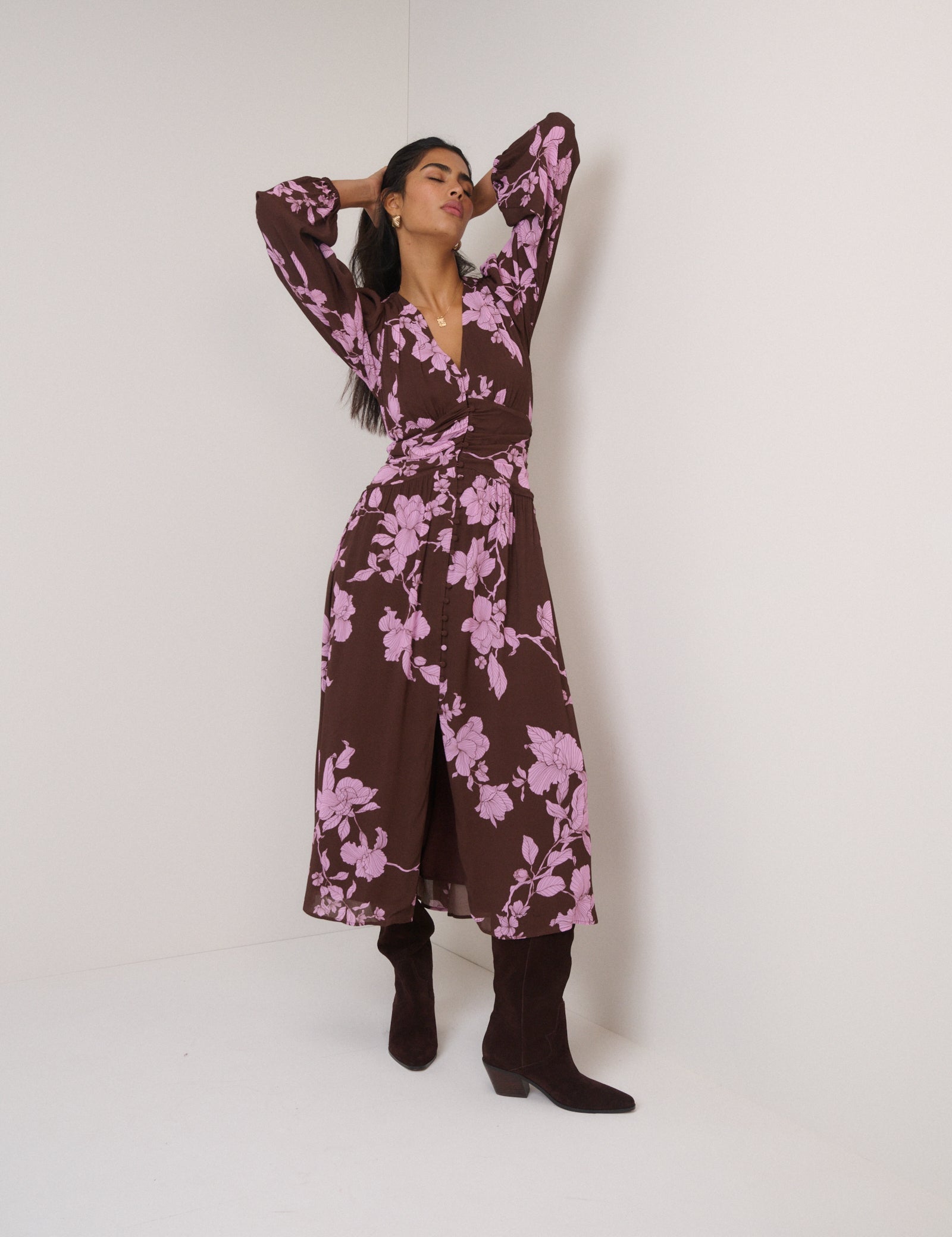 Brown And Pink Floral Luna Midi Dress