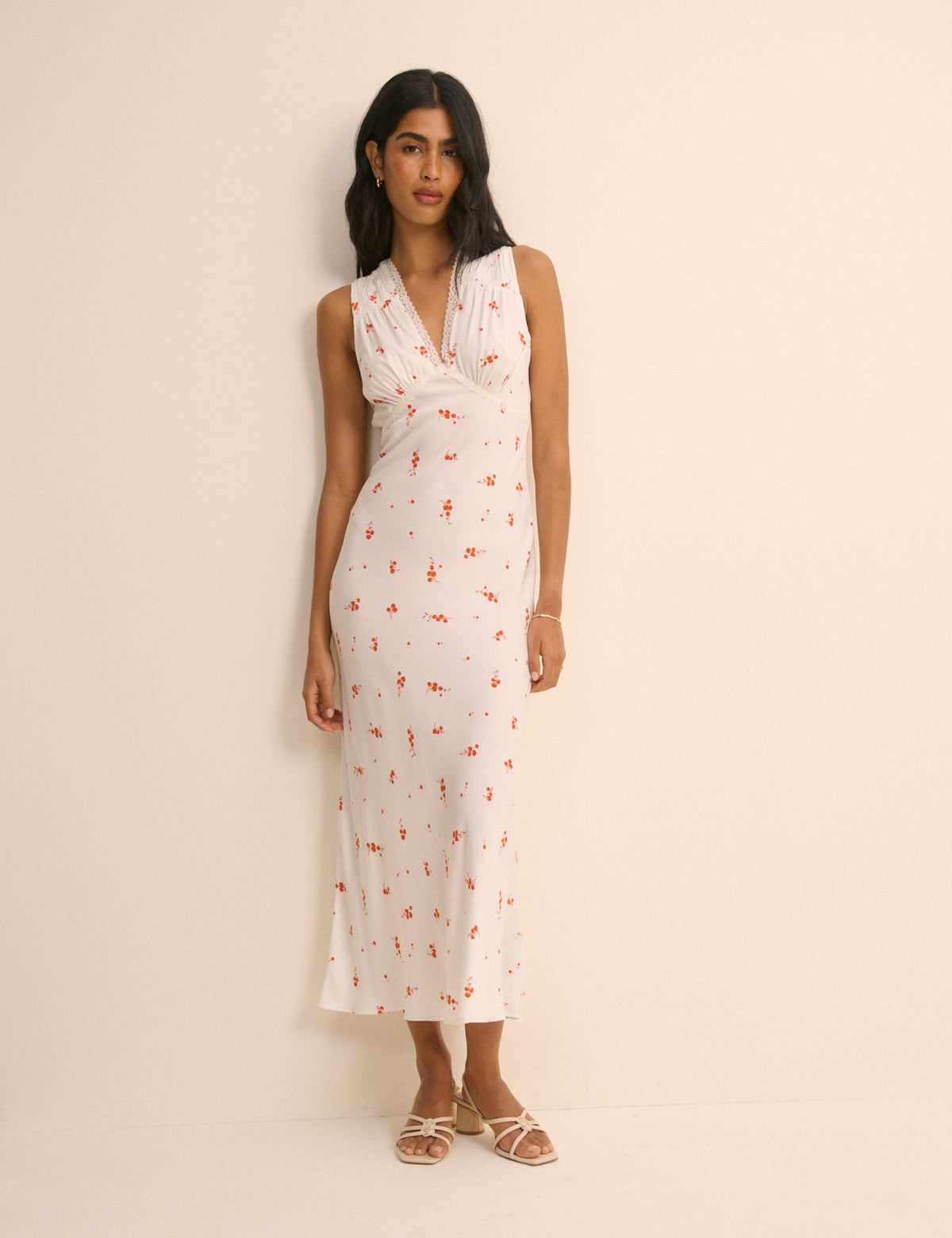 White Cherry Print Ria Midi Dress