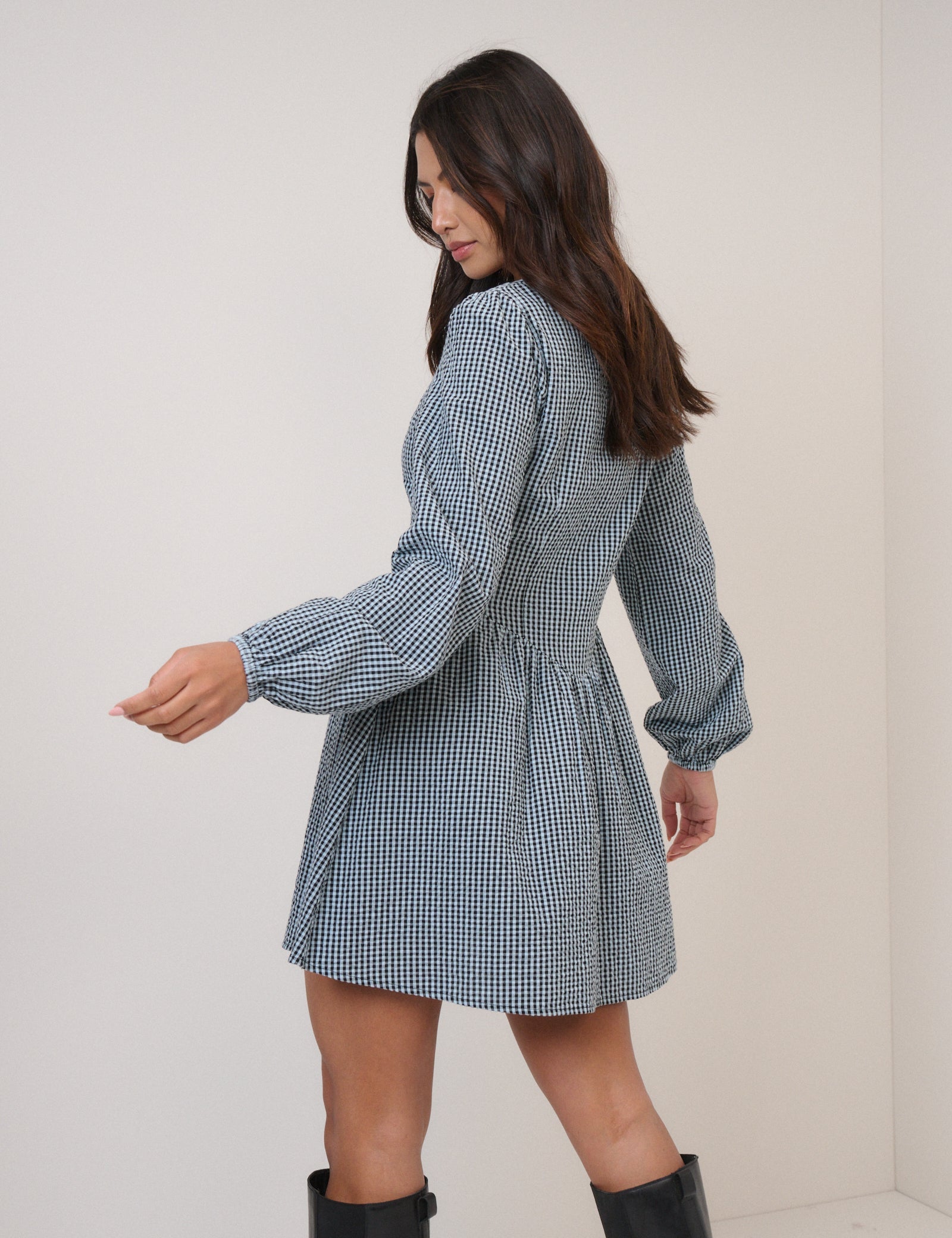 Blue Gingham Balloon Sleeve Mini Dress