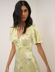 Sage Green Floral Satin Erin Midi Dress