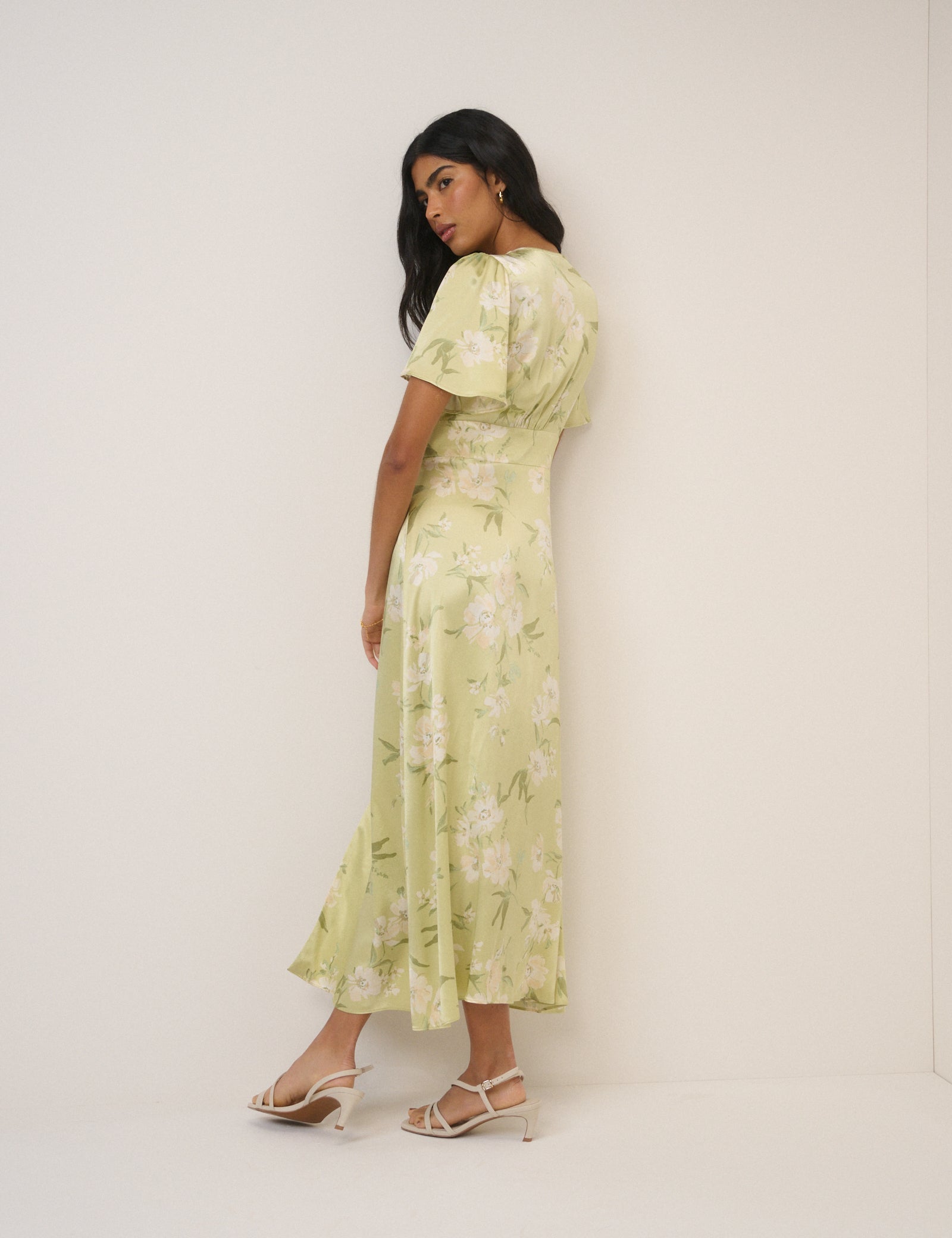 Sage Green Floral Satin Erin Midi Dress