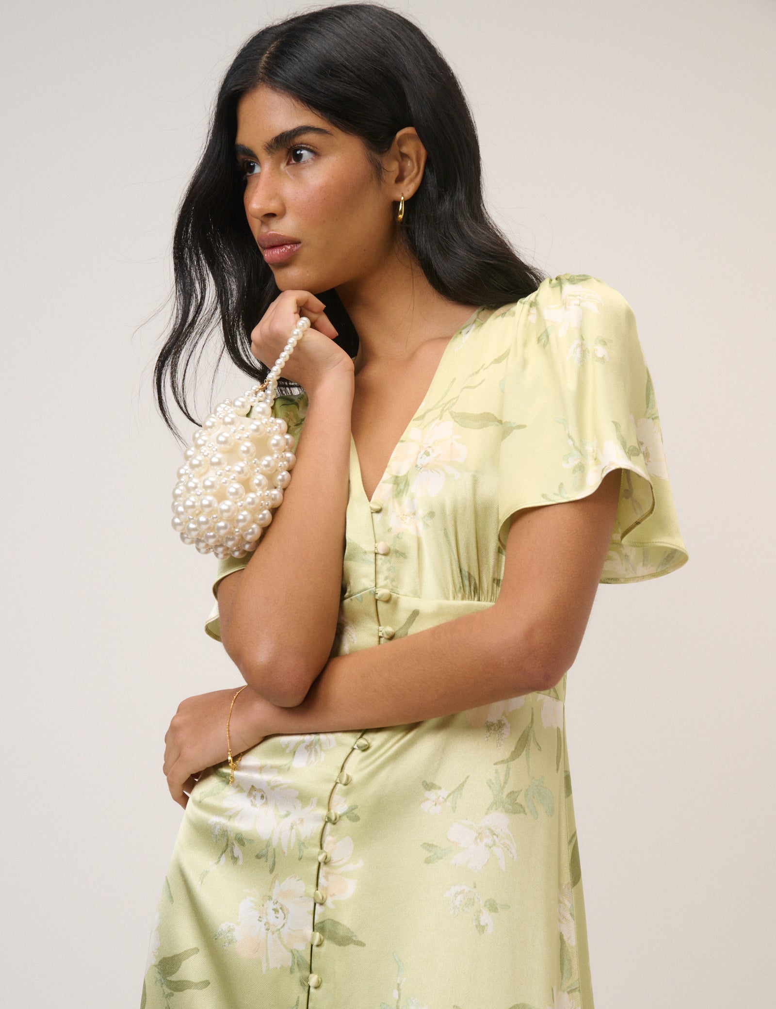 Sage Green Floral Satin Erin Midi Dress