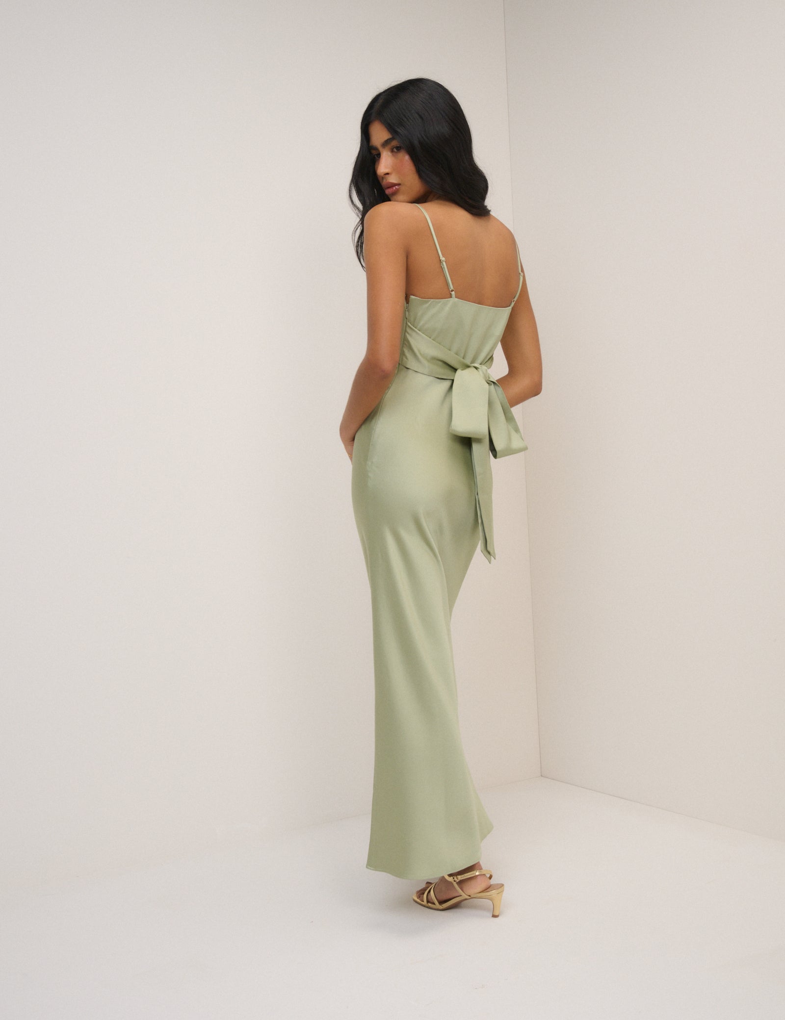 Sage Satin Strappy Ellison Maxi Dress