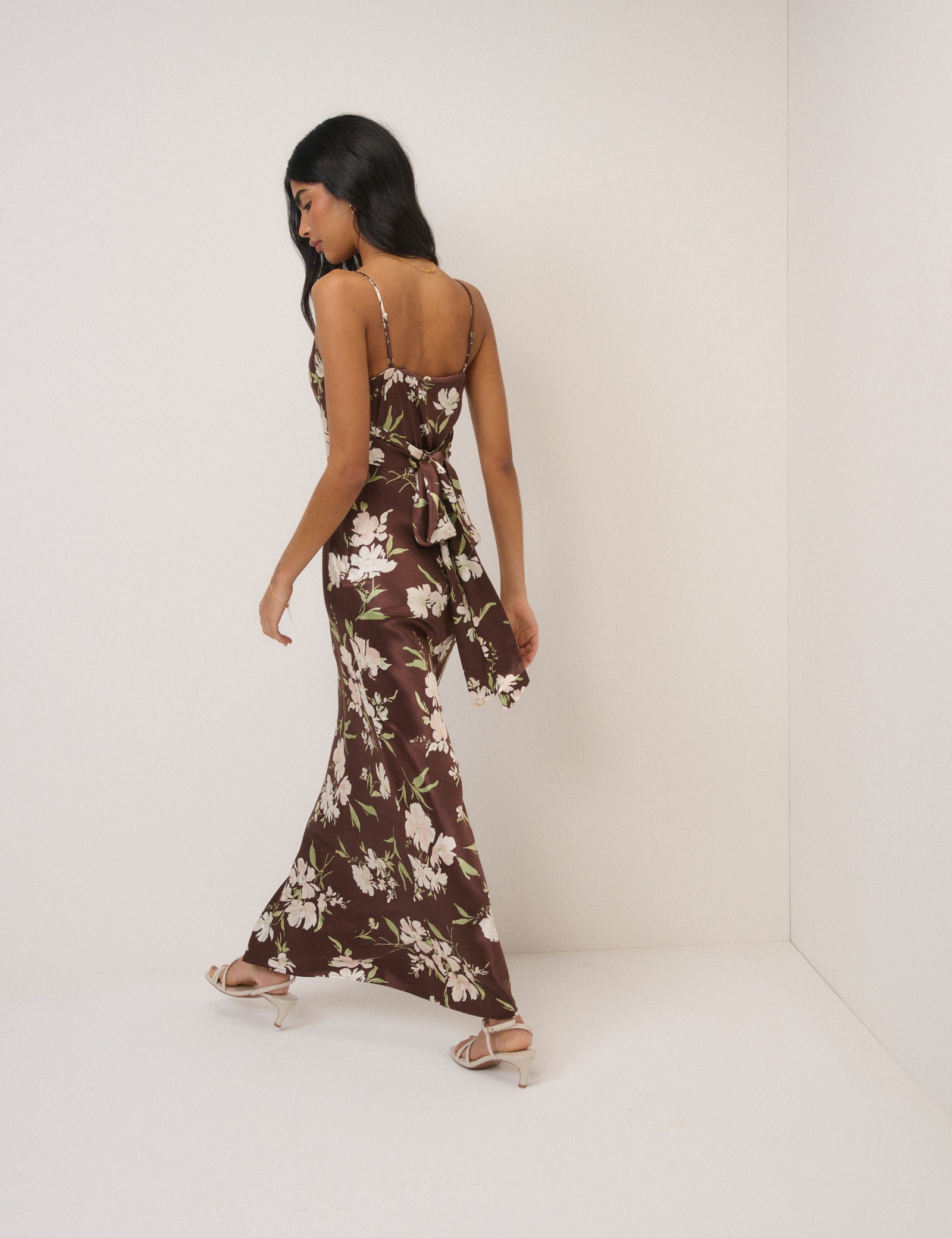 Chocolate Brown Floral Strappy Ellison Maxi Dress