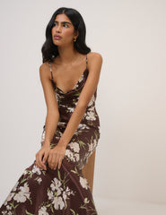 Chocolate Brown Floral Strappy Ellison Maxi Dress