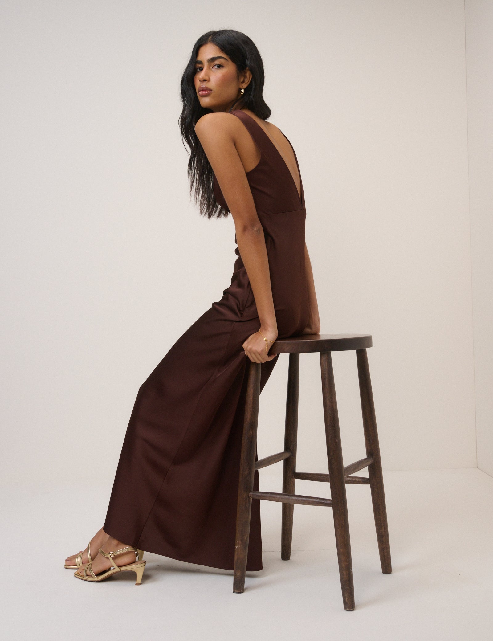 Chocolate Brown Satin Joey Maxi Dress