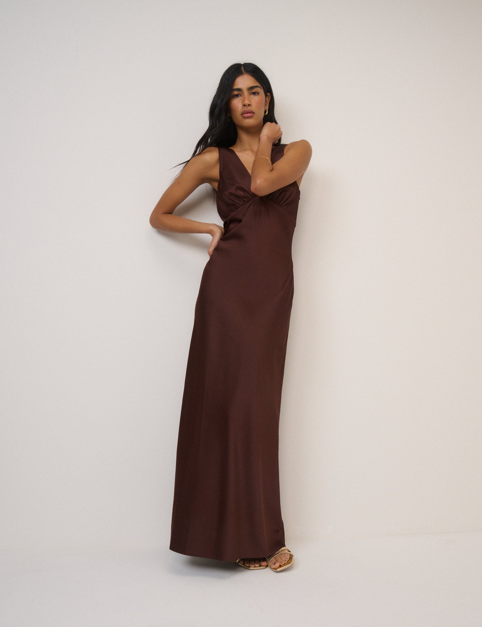 Chocolate Brown Satin Joey Maxi Dress