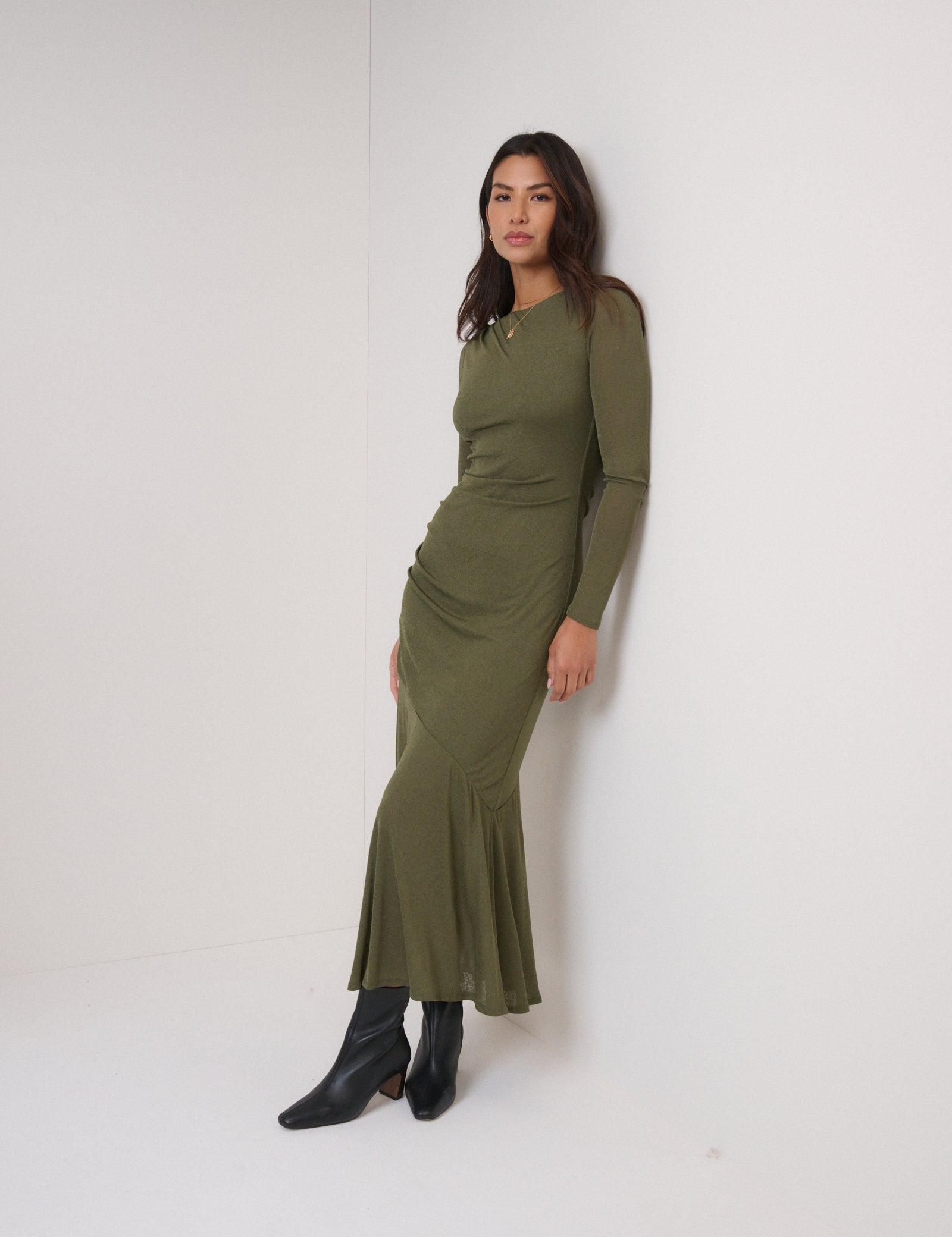 Green Long Sleeve Draped Tallulah Jersey Midi Dress
