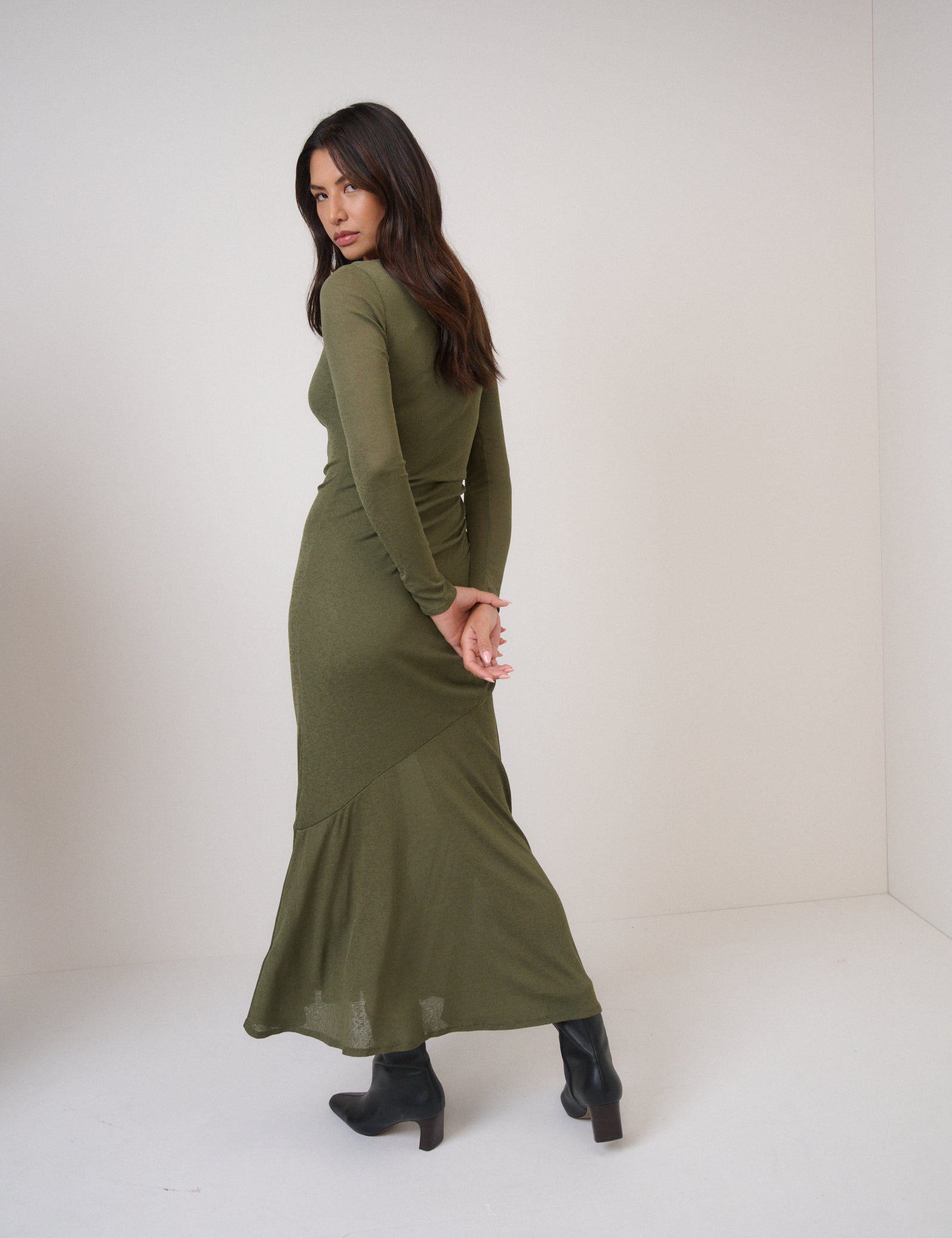 Green Long Sleeve Draped Tallulah Jersey Midi Dress