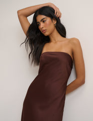 Chocolate Brown Satin Bandeau Arden Maxi Dress