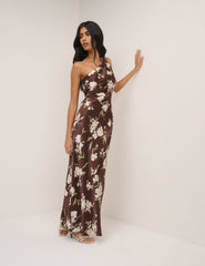 Chocolate Brown Floral One Shoulder Sloane Maxi Dress