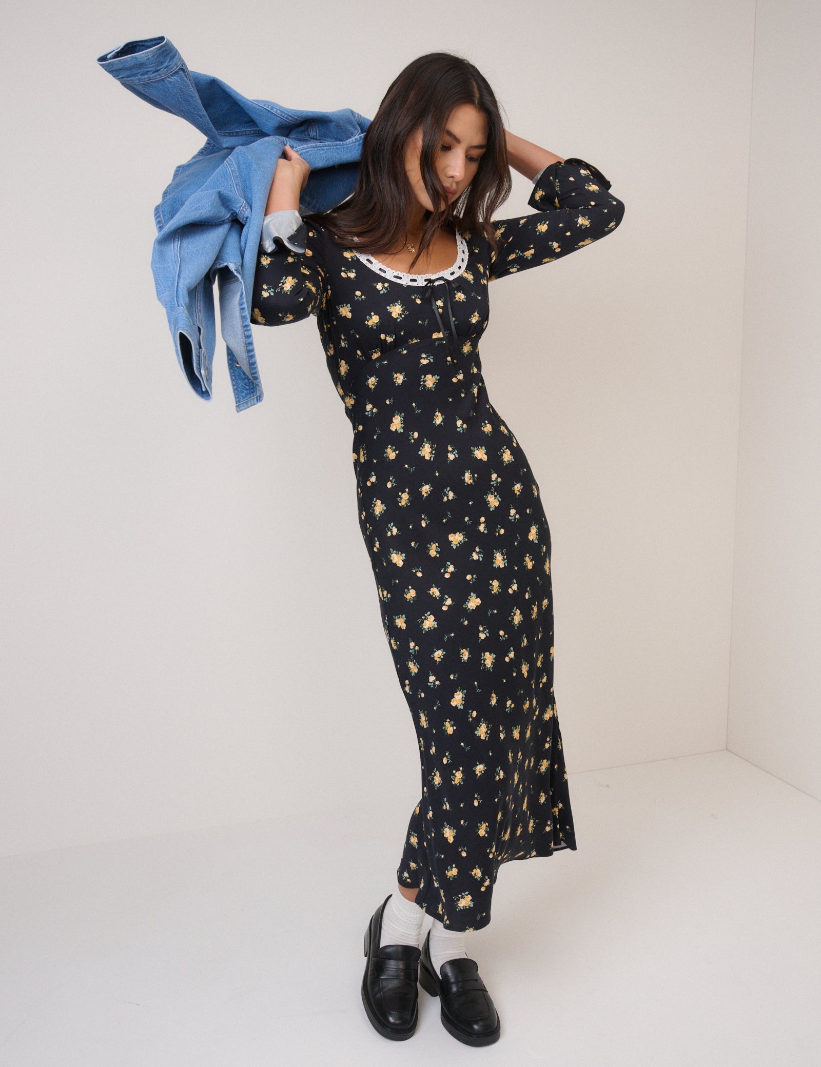 Black Floral Long Sleeve Naples Midi Dress