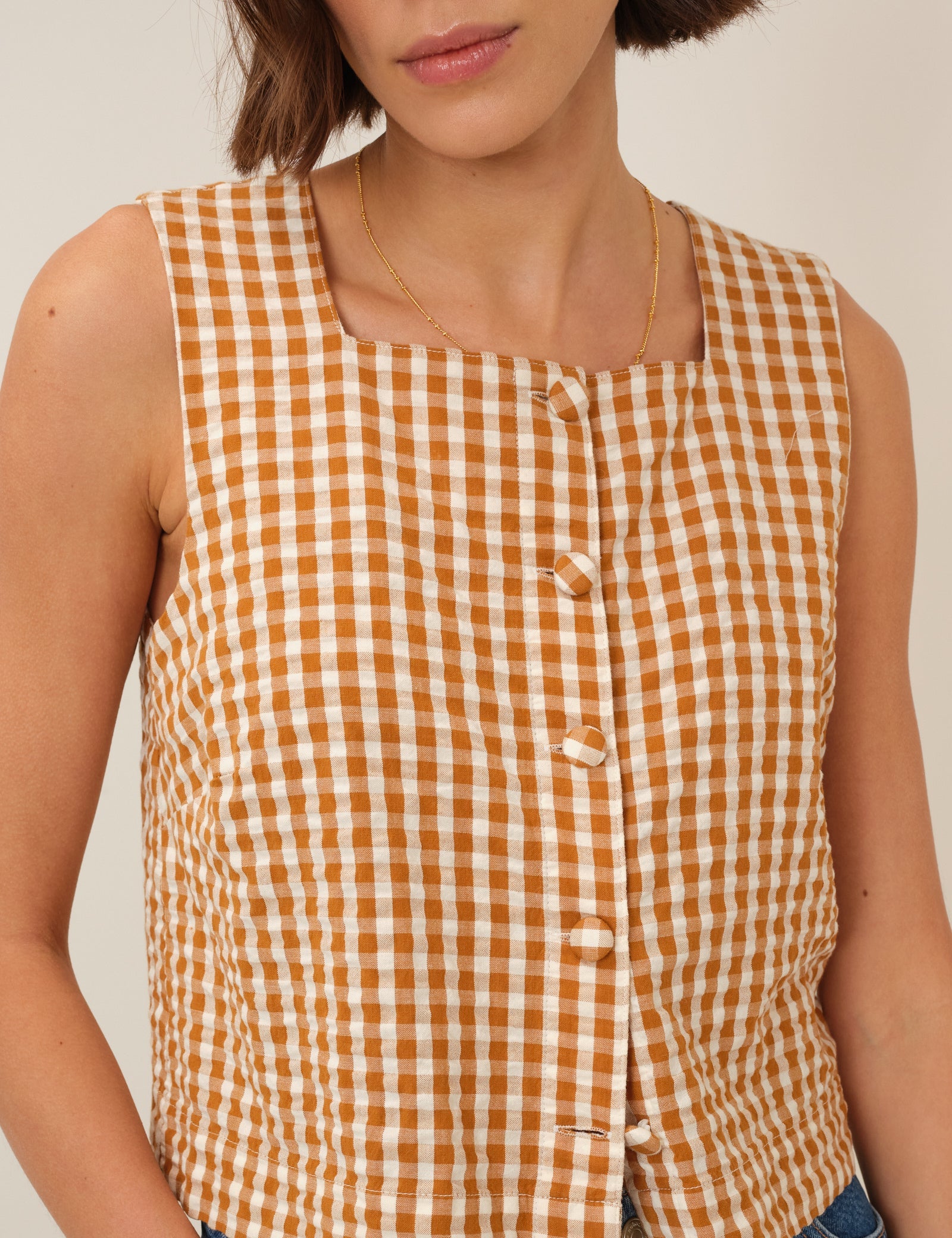 Orange Gingham Button Front Top