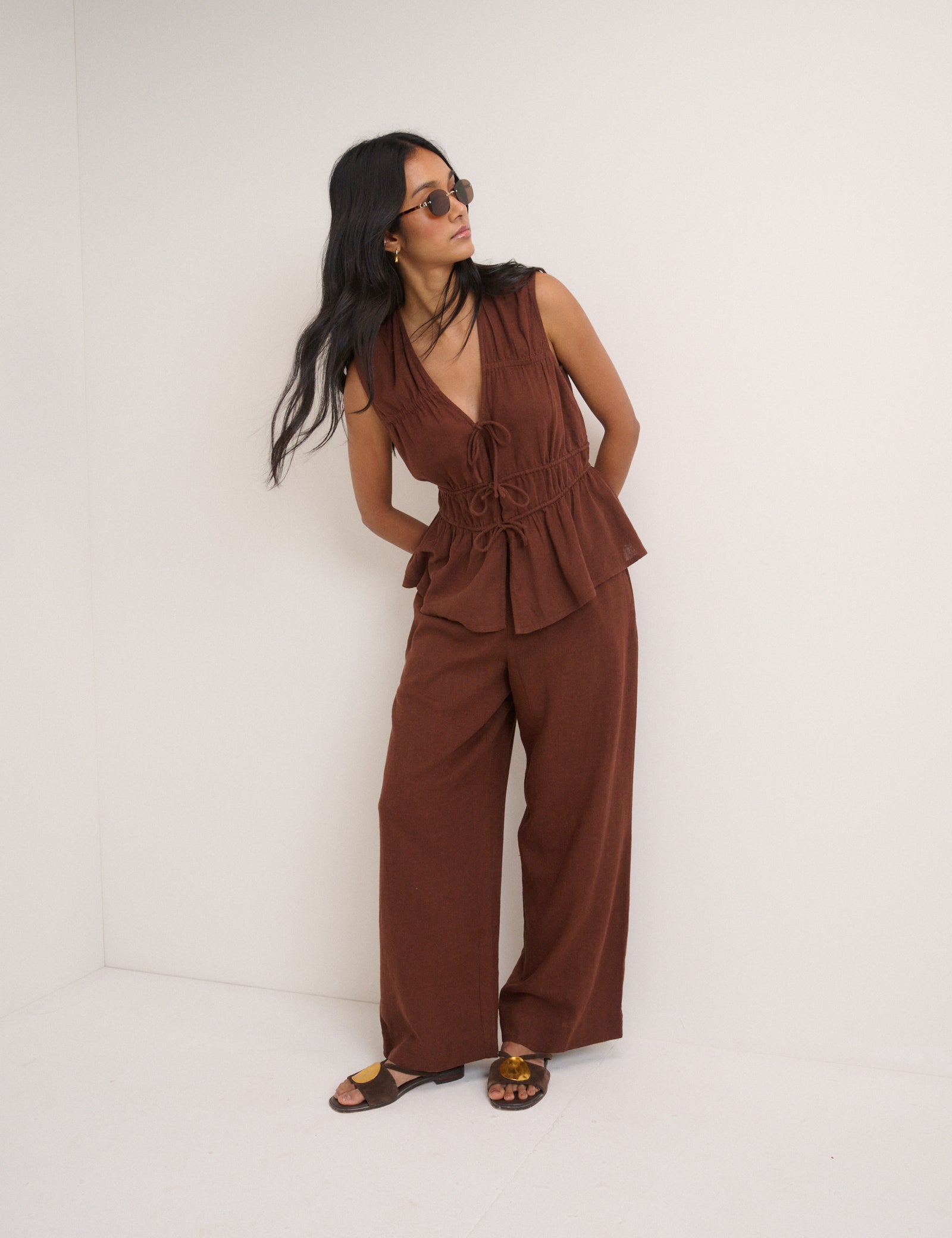 Brown Cordie Ruched Tie Front Linen-Blend Top
