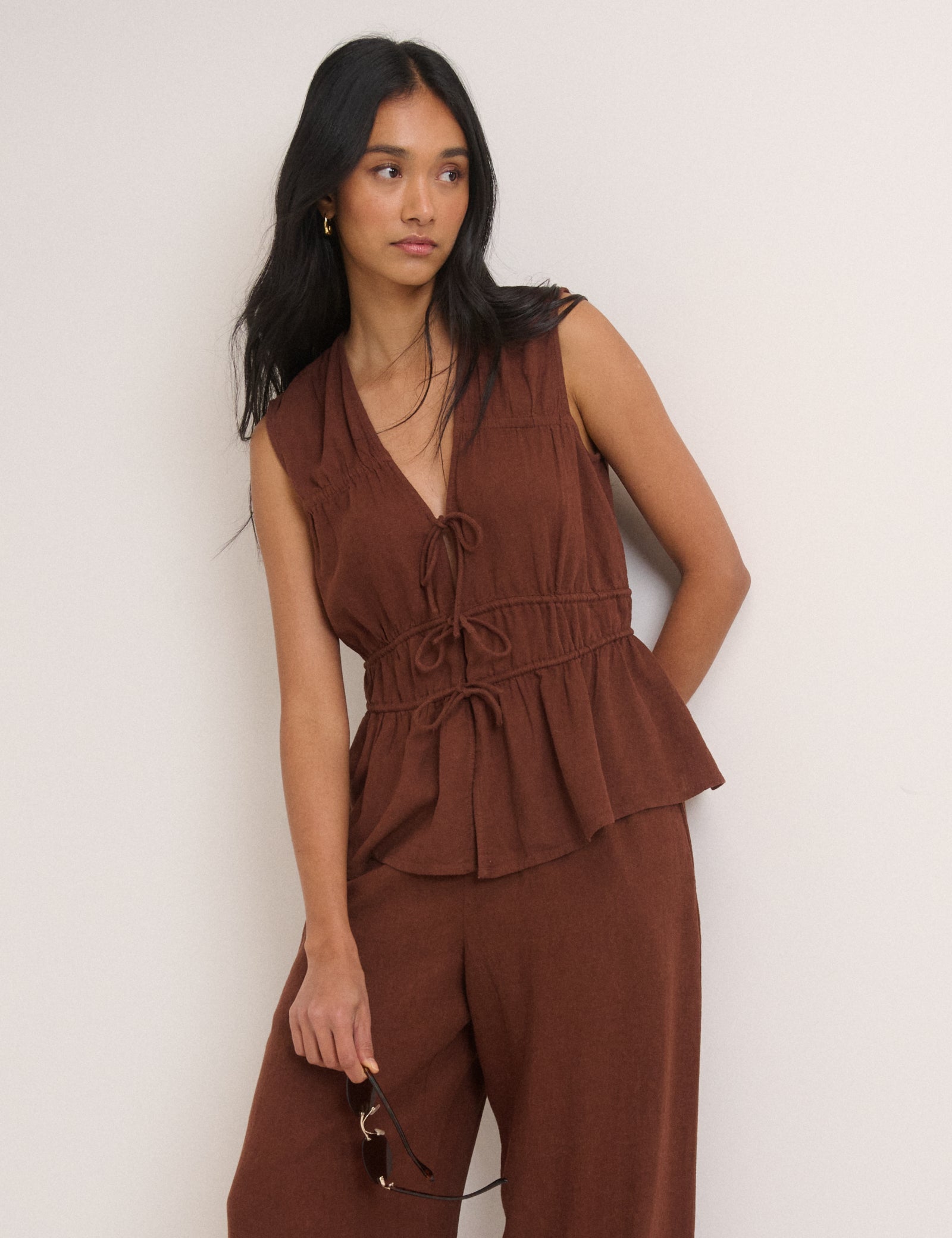 Brown Cordie Ruched Tie Front Linen-Blend Top