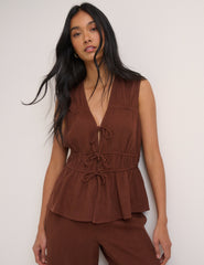 Brown Cordie Ruched Tie Front Linen-Blend Top