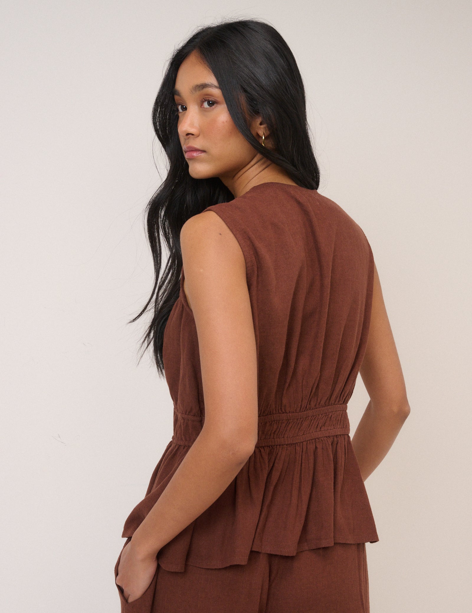 Brown Cordie Ruched Tie Front Linen-Blend Top