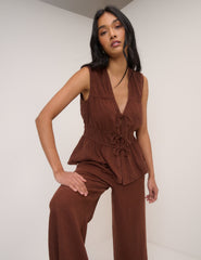 Brown Cordie Ruched Tie Front Linen-Blend Top