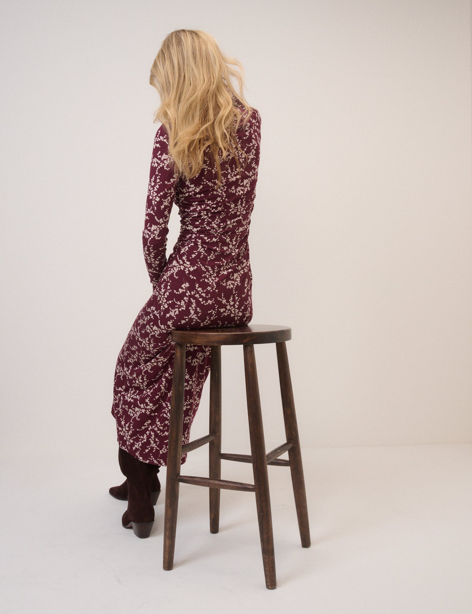 Burgundy Floral Long Sleeve Laurella Jersey Midi Dress