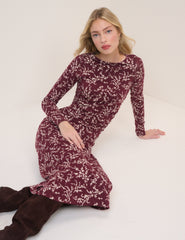 Burgundy Floral Long Sleeve Laurella Jersey Midi Dress