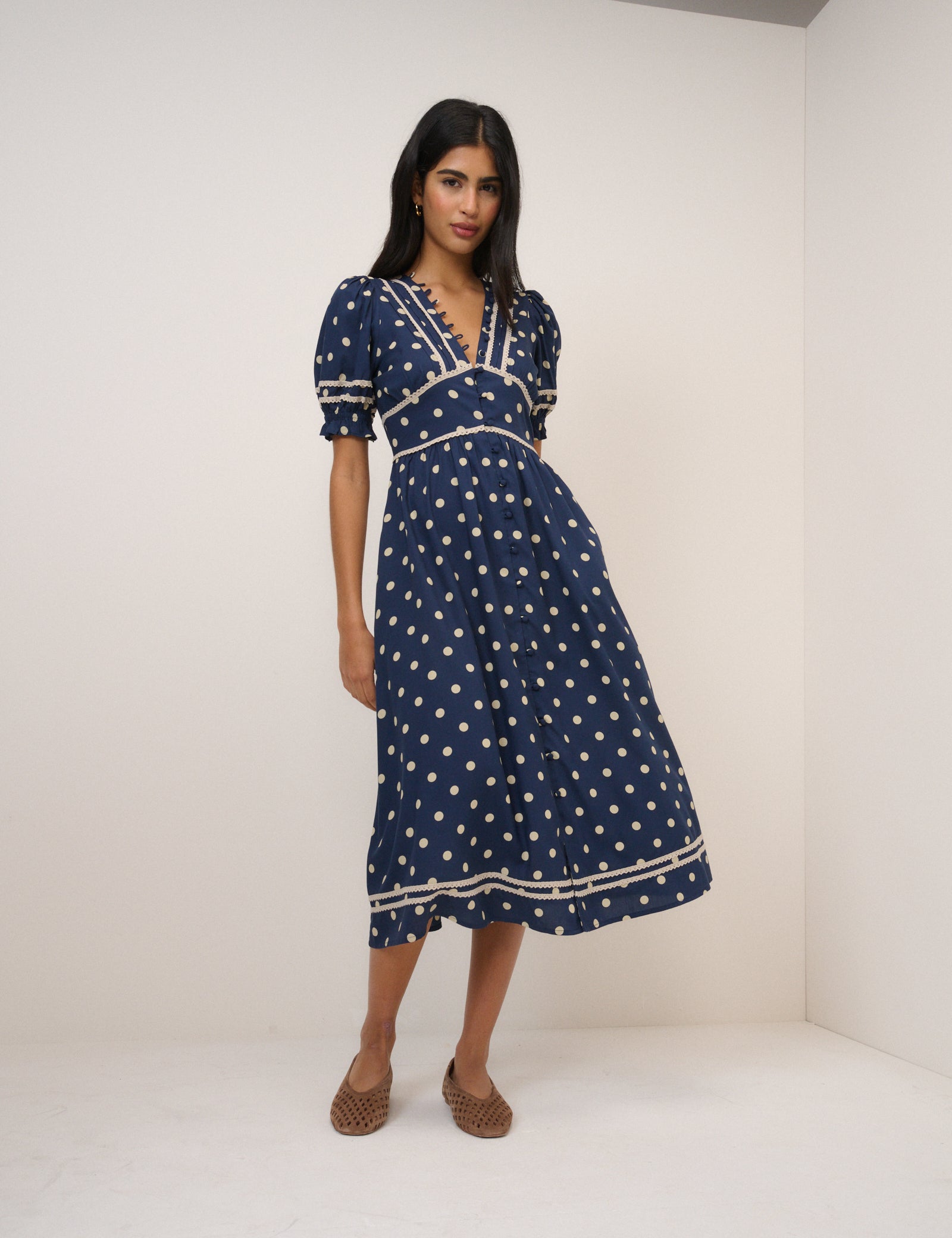 Navy Polka Dot Puff Sleeve Saffy Midi Dress