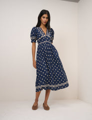 Navy Polka Dot Puff Sleeve Saffy Midi Dress