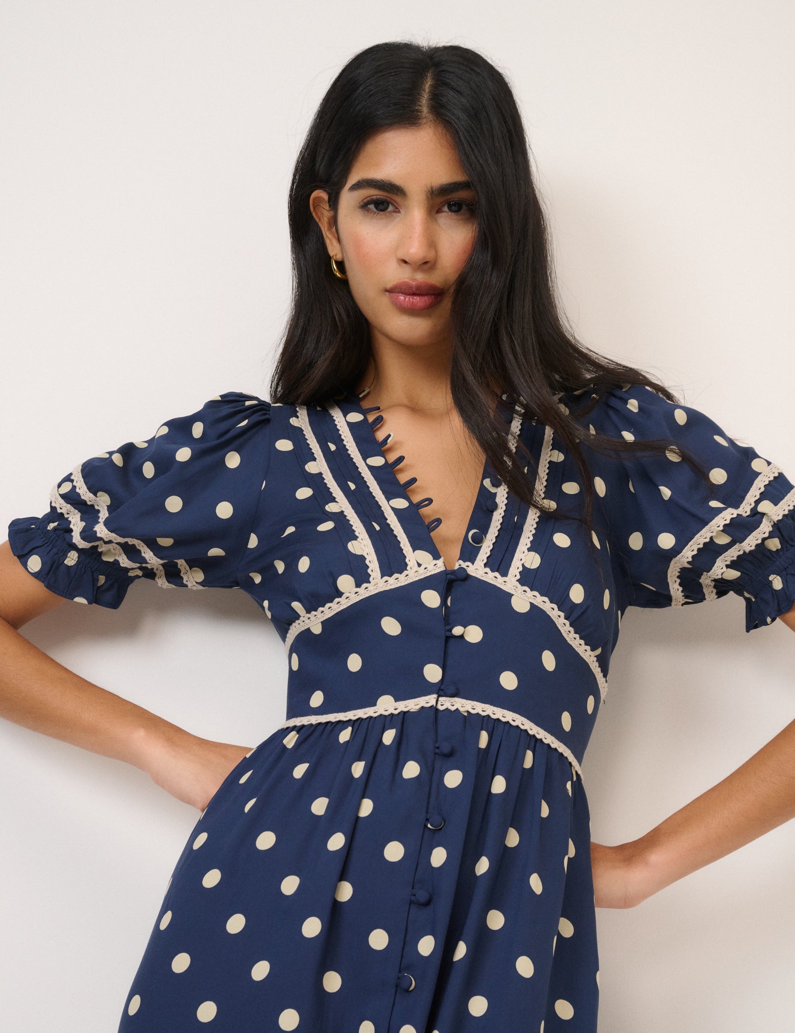 Navy Polka Dot Puff Sleeve Saffy Midi Dress