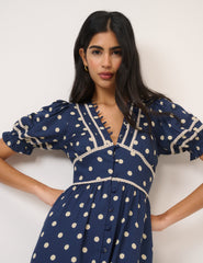 Navy Polka Dot Puff Sleeve Saffy Midi Dress