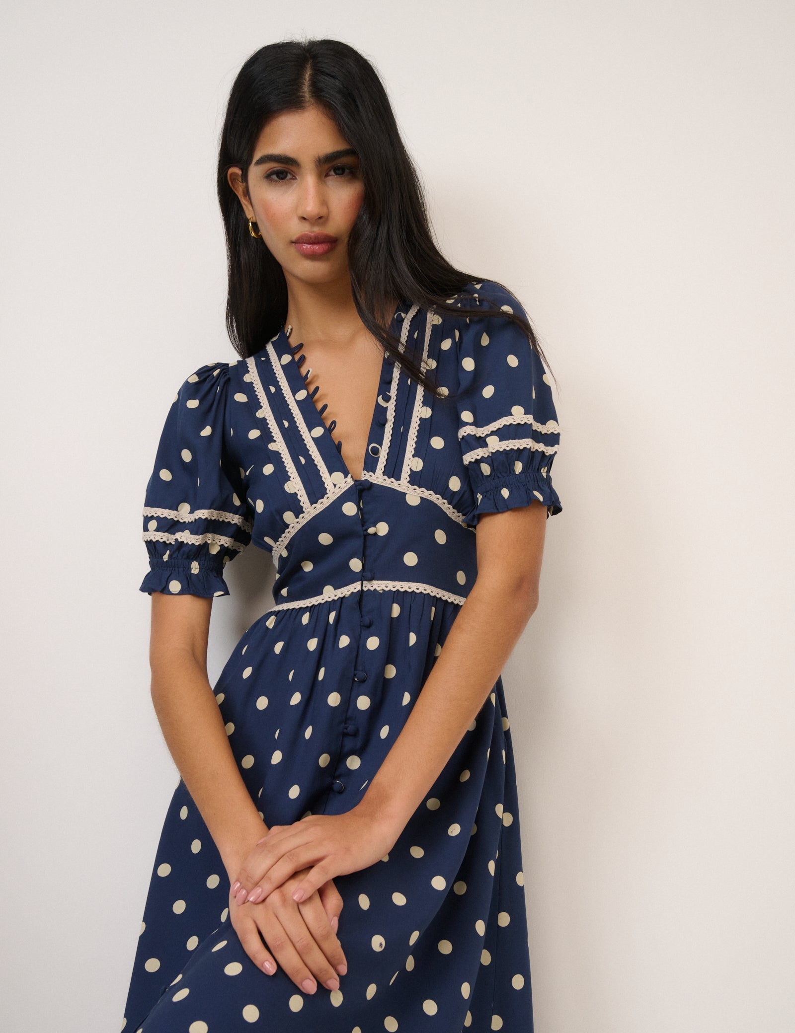 Navy Polka Dot Puff Sleeve Saffy Midi Dress