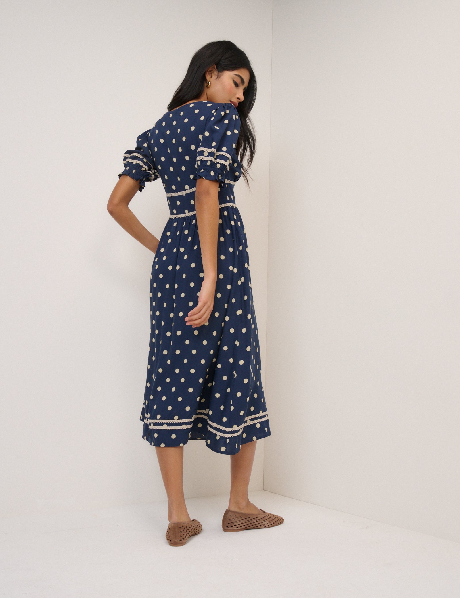 Navy Polka Dot Puff Sleeve Saffy Midi Dress