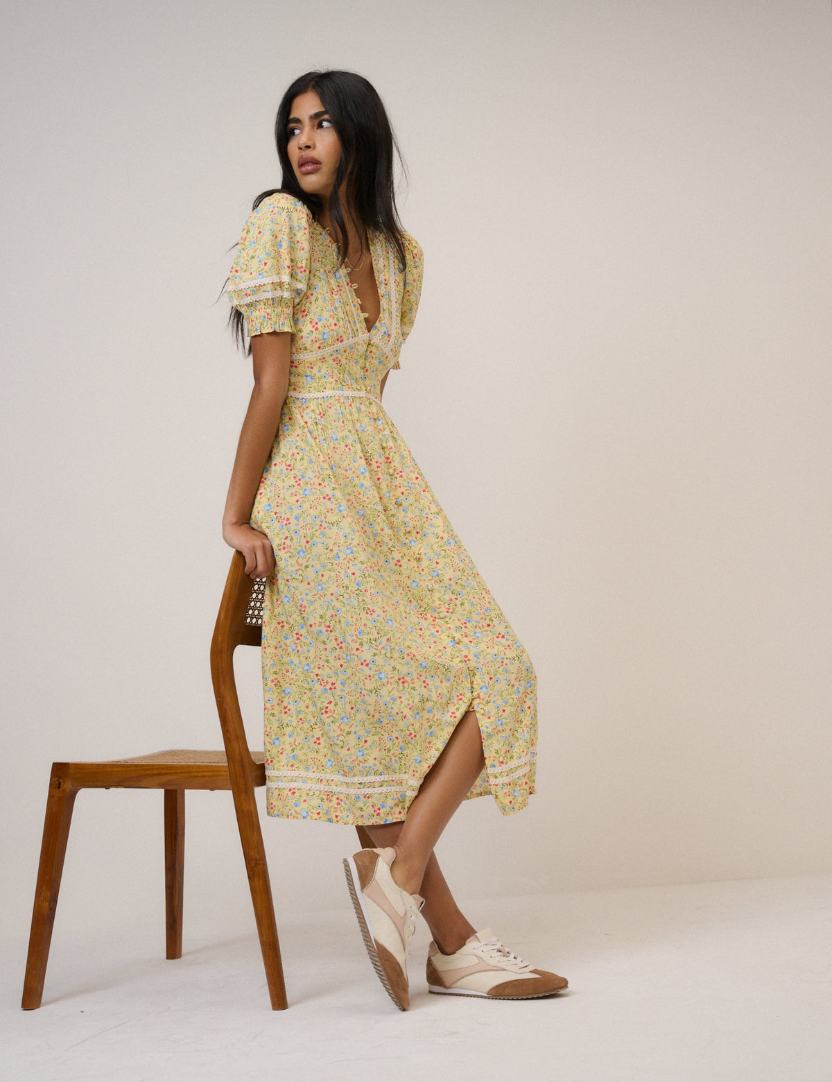 Yellow Ditsy Floral Puff Sleeve Saffy Midi Dress