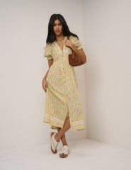 Yellow Ditsy Floral Puff Sleeve Saffy Midi Dress