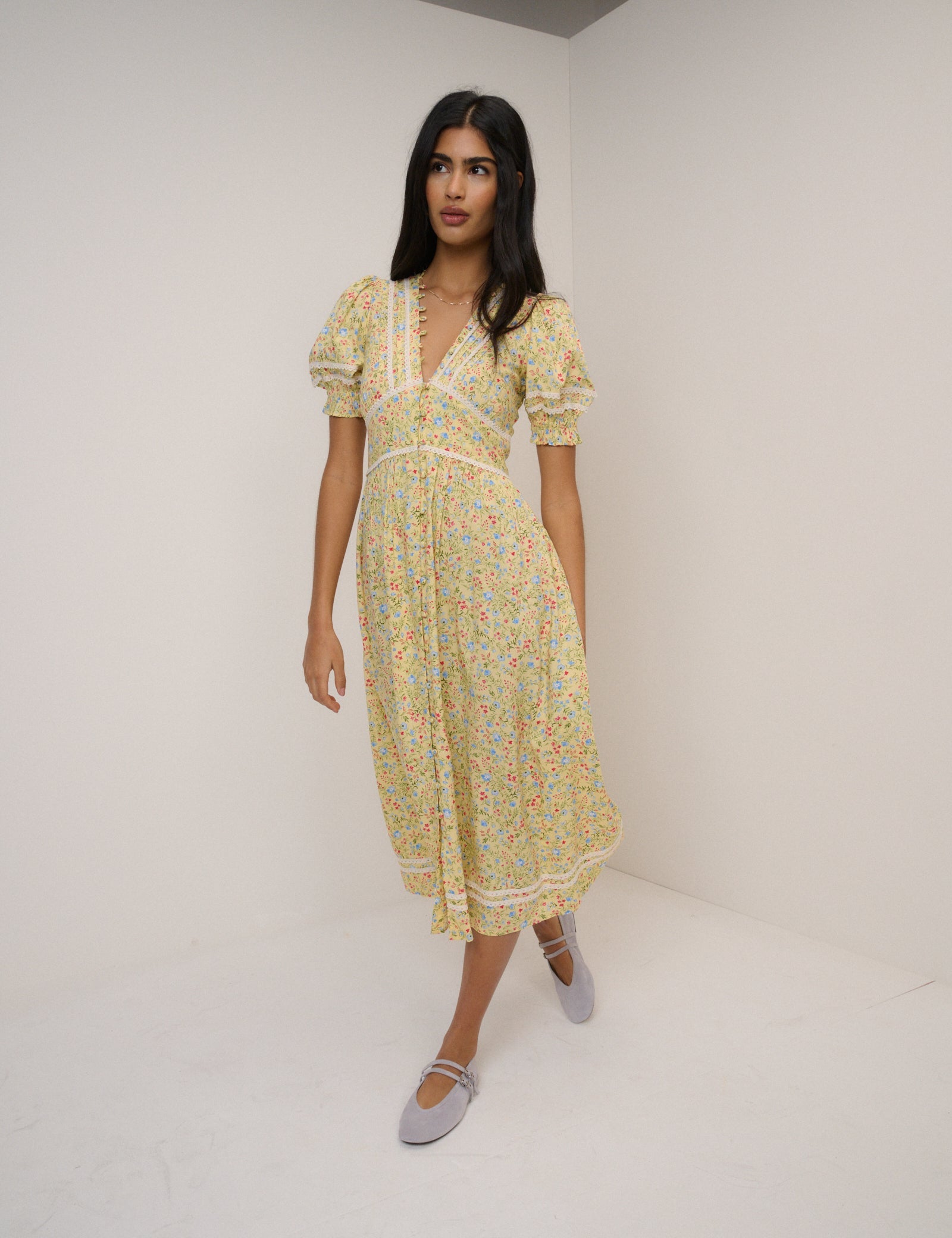 Yellow Ditsy Floral Puff Sleeve Saffy Midi Dress