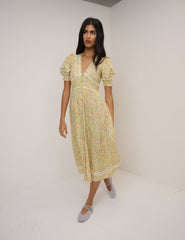 Yellow Ditsy Floral Puff Sleeve Saffy Midi Dress