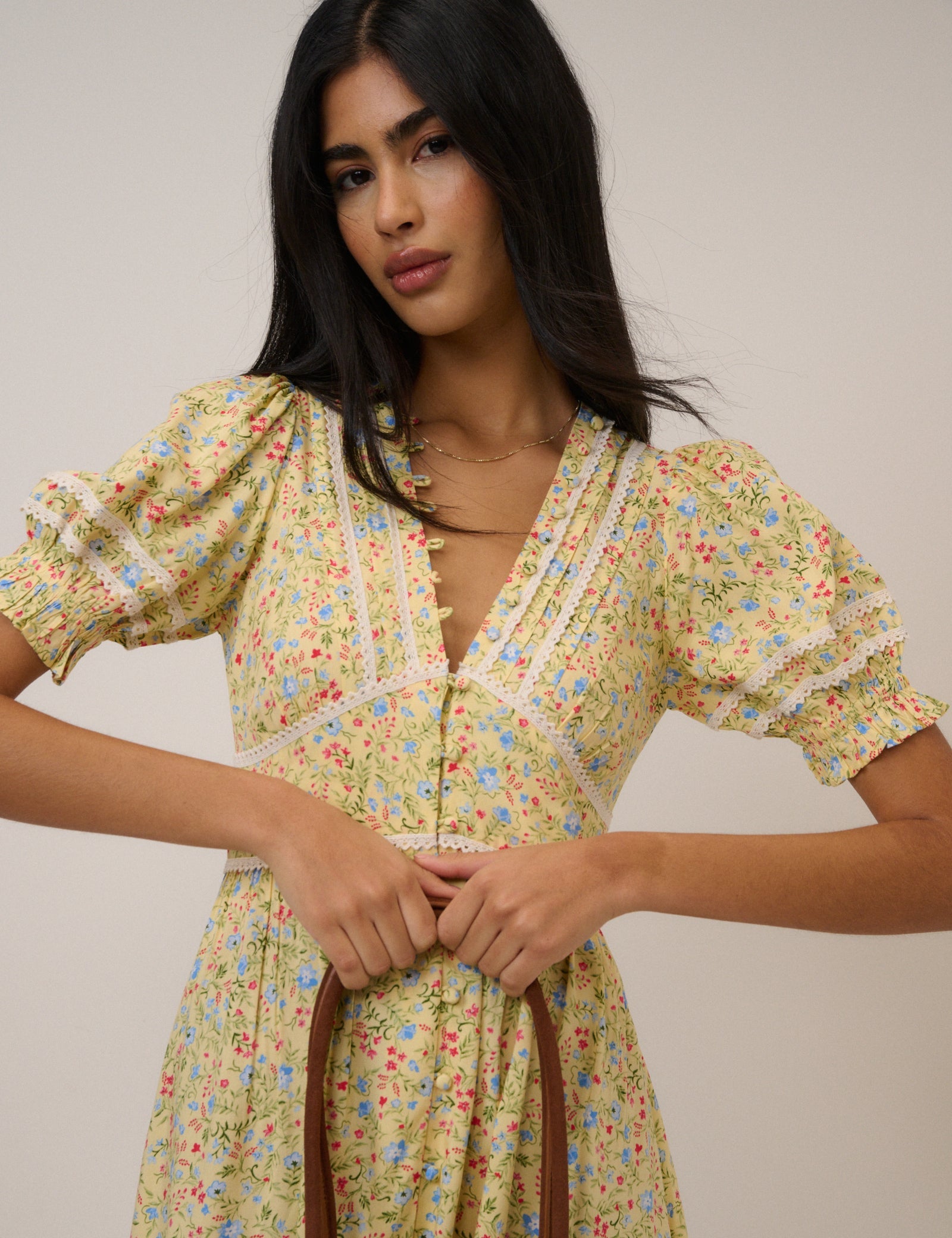 Yellow Ditsy Floral Puff Sleeve Saffy Midi Dress