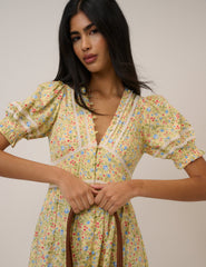 Yellow Ditsy Floral Puff Sleeve Saffy Midi Dress