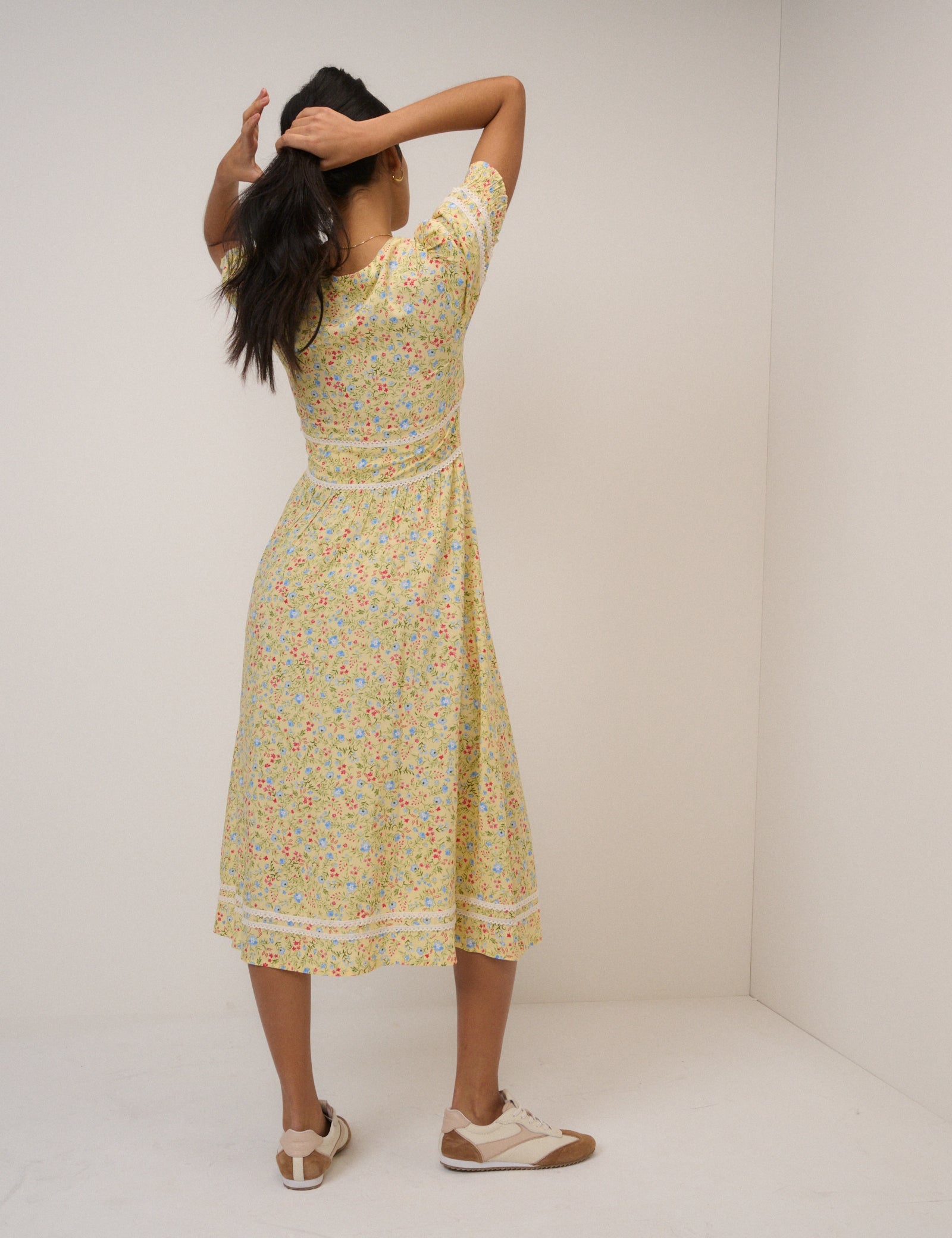 Yellow Ditsy Floral Puff Sleeve Saffy Midi Dress