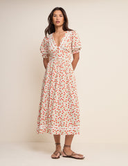 White Floral Puff Sleeve Saffy Midi Dress
