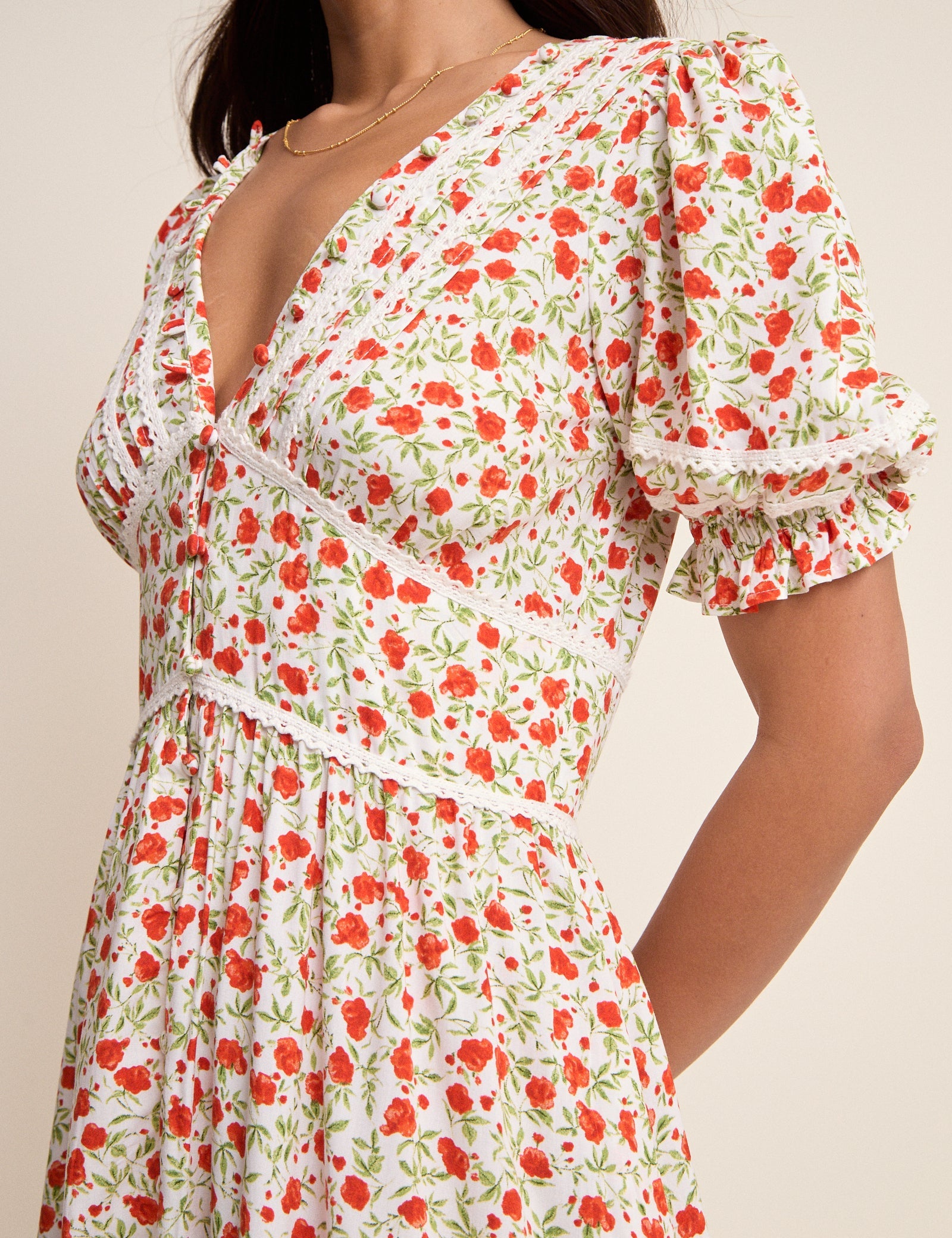 White Floral Puff Sleeve Saffy Midi Dress