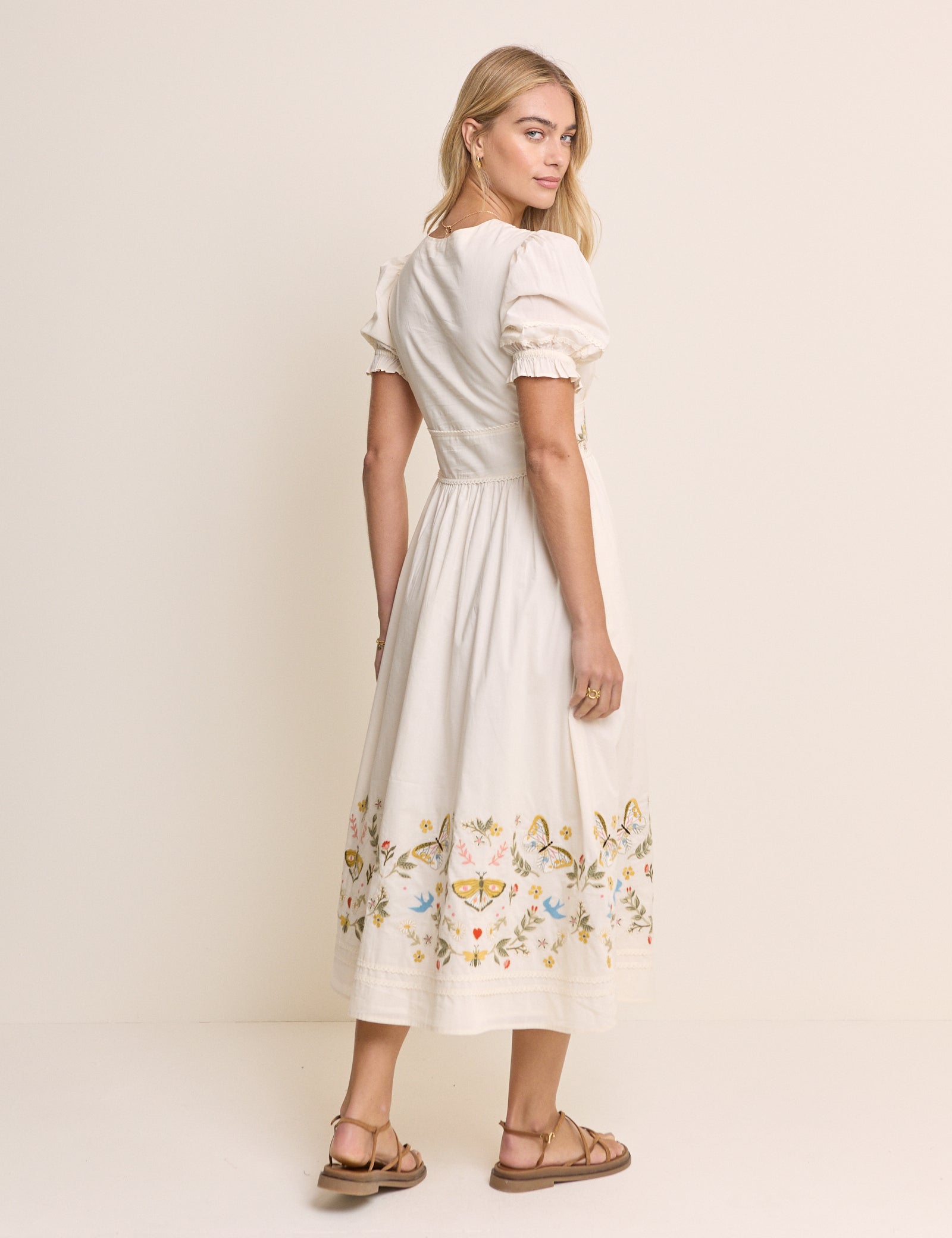 White Embroidered Puff Sleeve Saffy Midi Dress