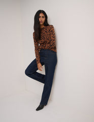Brown Leopard Print Crew Neck Jumper