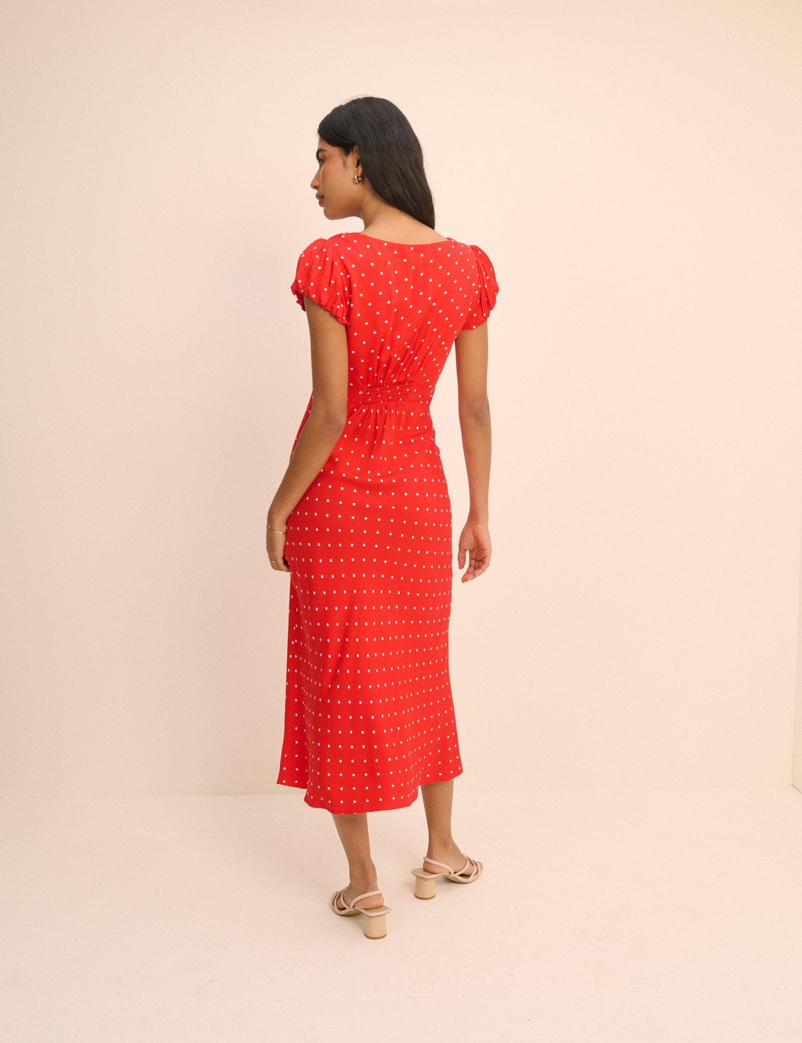 Red Polka Dot V-Neck Lina Midi Dress